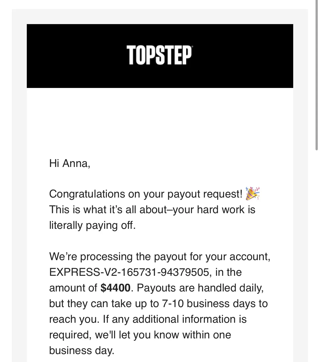 ELALIHOLDING Nachweis – Anna Topstep Payout